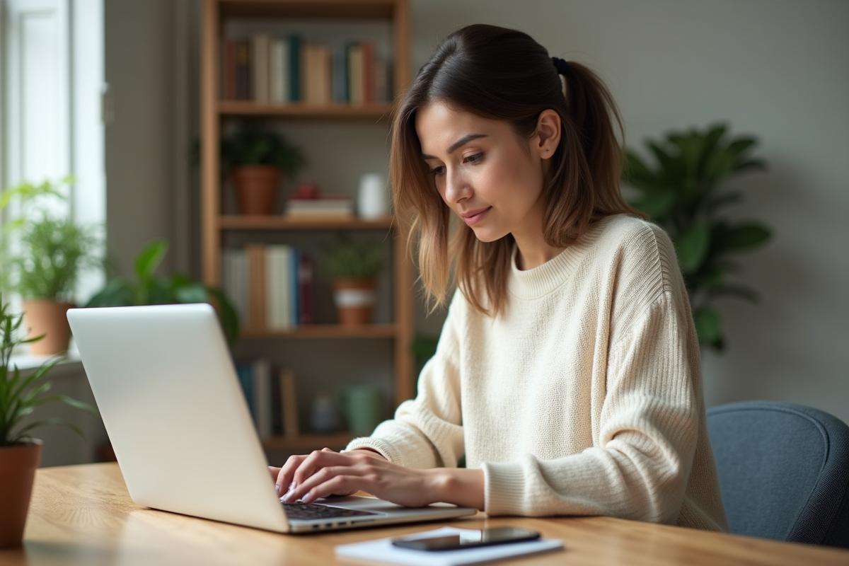Femme assise à son bureau moderne en train de configurer ses emails