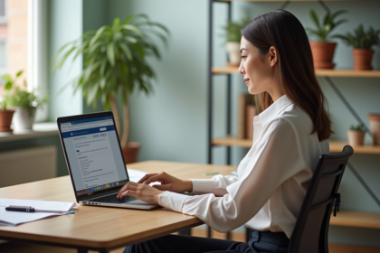 Femme au bureau cherchant un outil de conversion Word