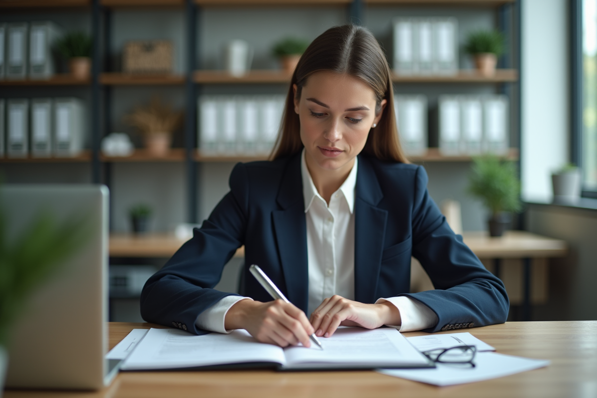 Femme professionnelle range des documents confidentiels au bureau