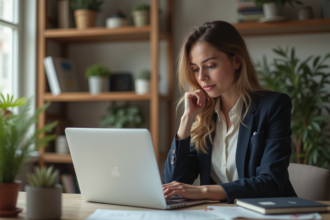 Femme en bureau moderne regardant son profil social