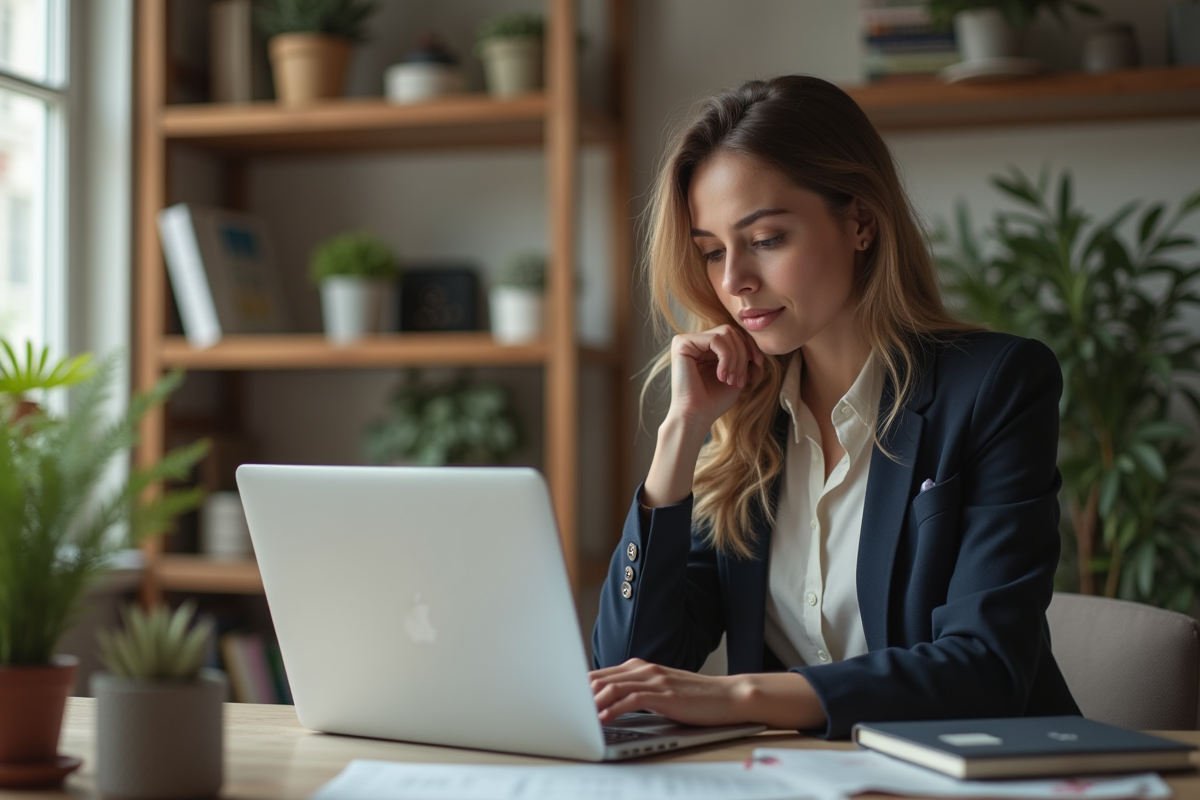Femme en bureau moderne regardant son profil social