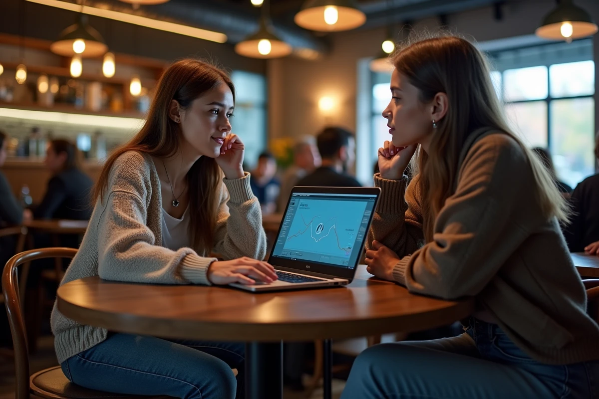 Femme expliquant ping à son amie au café avec ordinateur portable