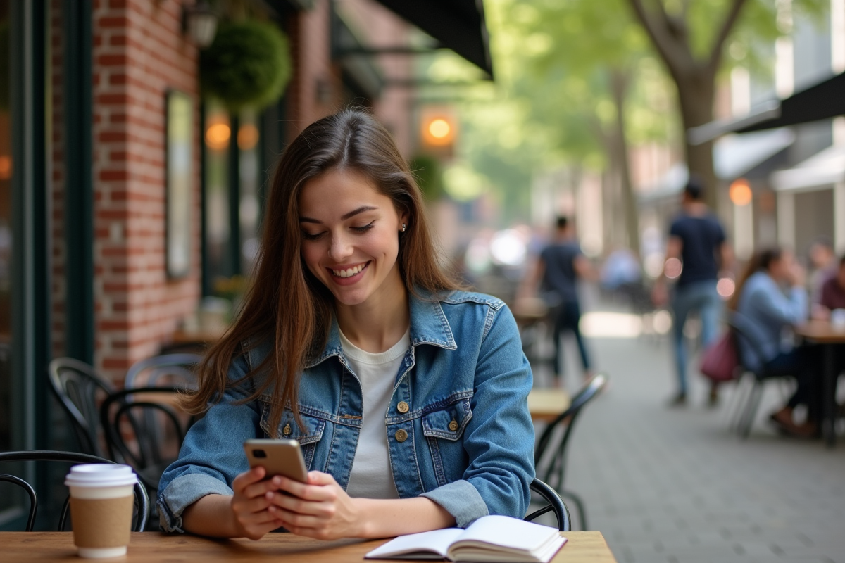 Femme décontractée utilisant son smartphone en extérieur