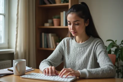 Femme tapant sur un clavier AZERTY pour saisir un È majuscule accentué sur ordinateur