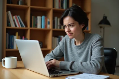 Femme consultant un clavier AZERTY avec une expression perplexe face aux symboles, dans un bureau à domicile