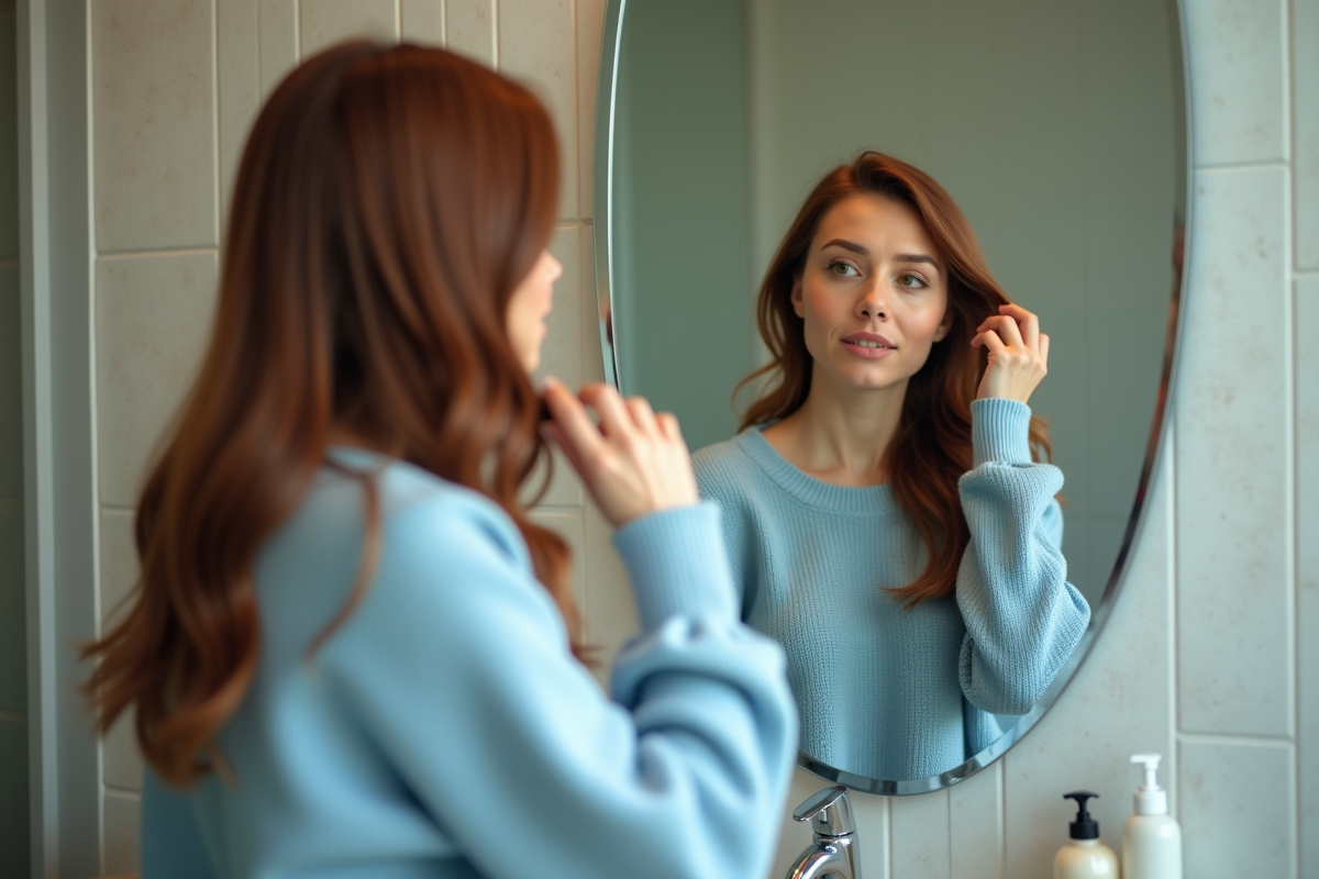 Femme examinant ses extensions de cheveux dans un miroir