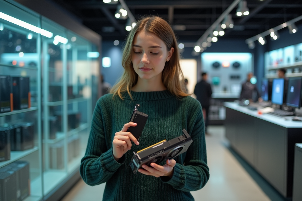 Femme comparant deux cartes graphiques en magasin d