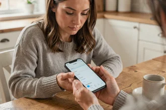 Femme configurant son webmail Nantes sur smartphone Android depuis sa cuisine