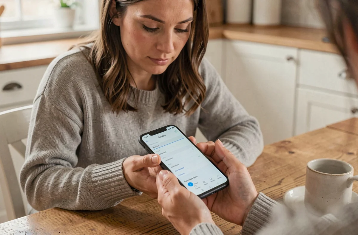 Femme configurant son webmail Nantes sur smartphone Android depuis sa cuisine