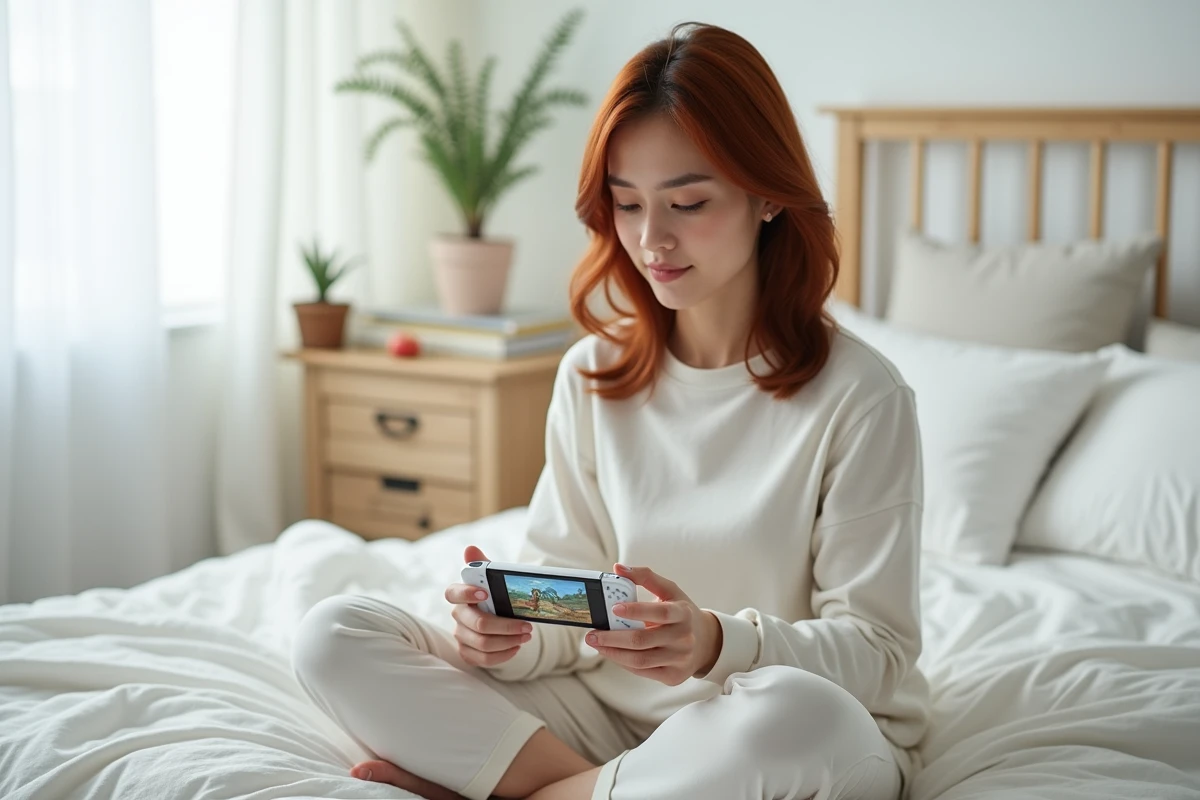 Jeune femme testant une console portable PS5 dans une chambre minimaliste scandinave