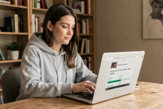 Jeune femme utilisant un convertisseur MP4 sur son ordinateur portable à son bureau à domicile