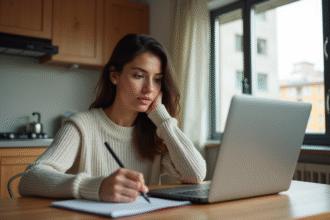 Femme assise à une table de cuisine moderne en train de prendre des notes