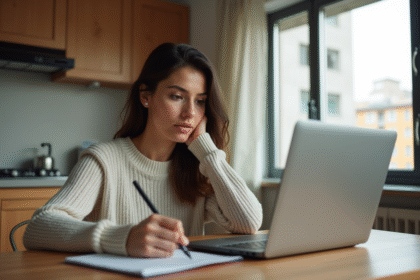 Femme assise à une table de cuisine moderne en train de prendre des notes