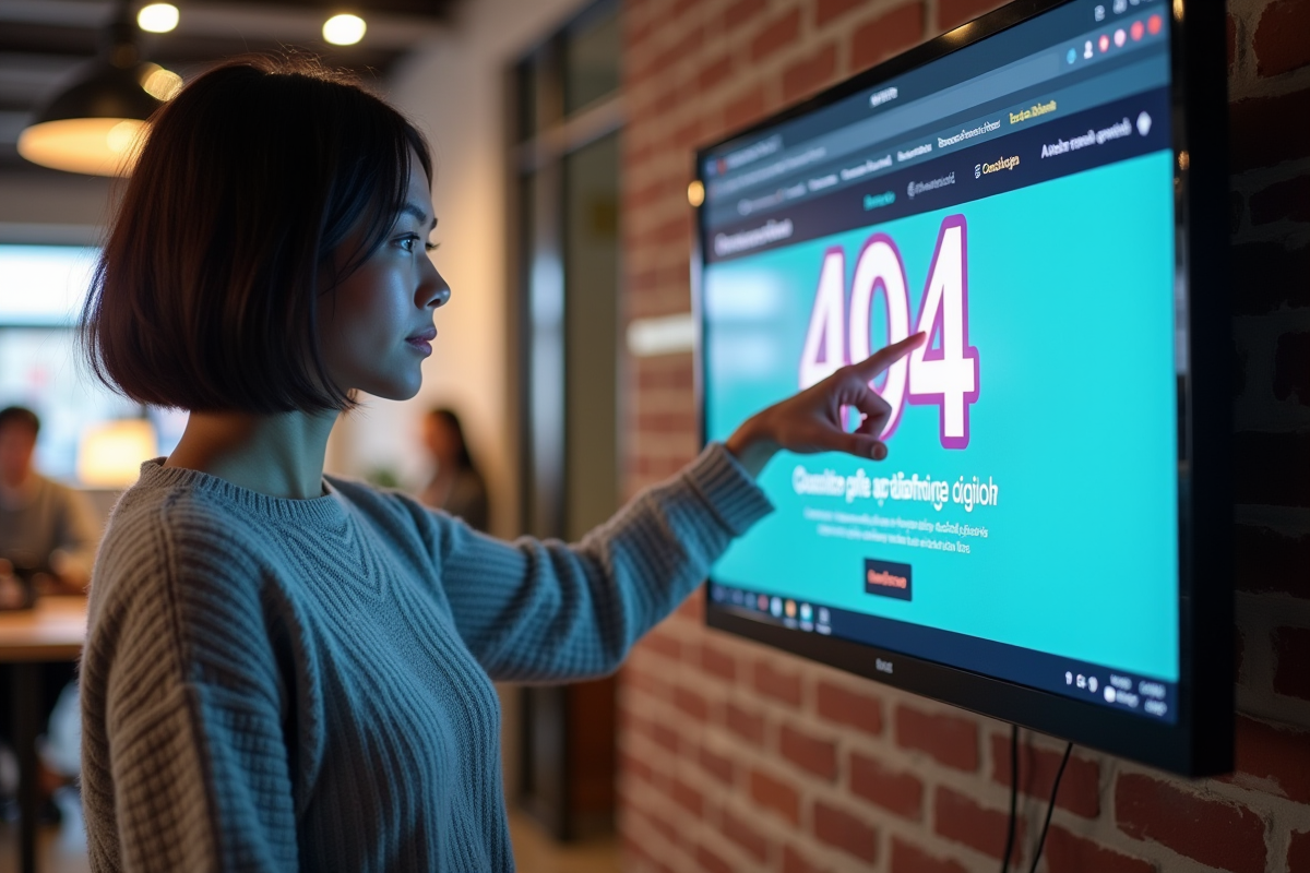 Jeune femme expliquant un message 404 sur un grand moniteur