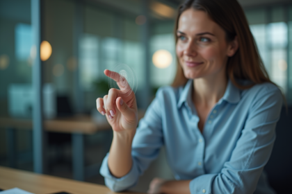 Femme pressant son pouce sur une surface de bureau moderne