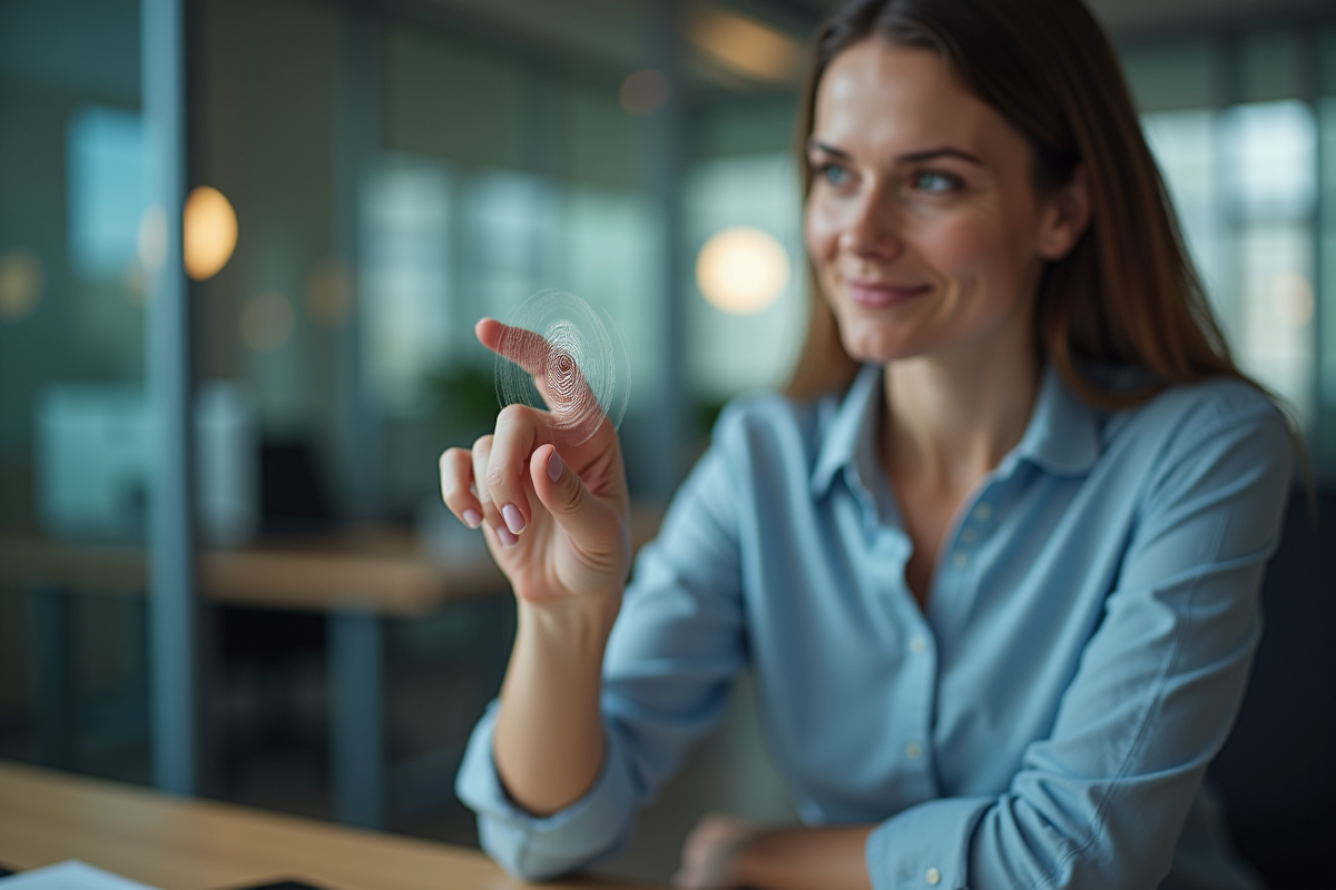 Femme pressant son pouce sur une surface de bureau moderne