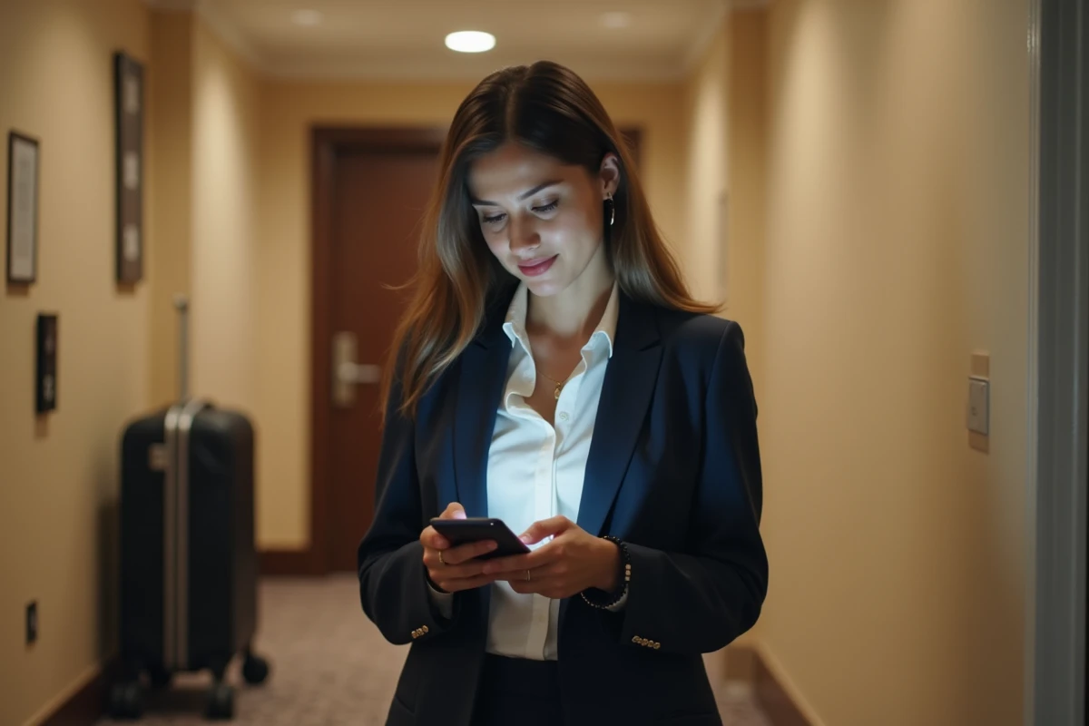 Femme en déplacement professionnel dans un couloir d'hôtel consultant son téléphone pour retrouver ses identifiants WiFi Freebox