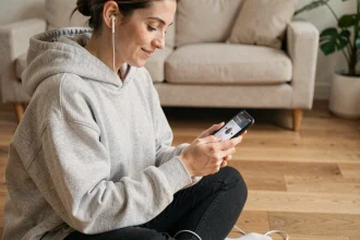 Femme consultant son iPhone pour configurer une sonnerie musicale dans un salon minimaliste moderne