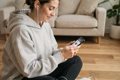 Femme consultant son iPhone pour configurer une sonnerie musicale dans un salon minimaliste moderne
