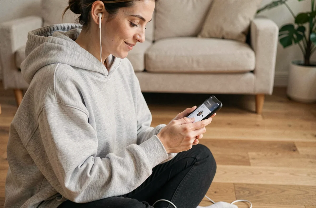 Femme consultant son iPhone pour configurer une sonnerie musicale dans un salon minimaliste moderne