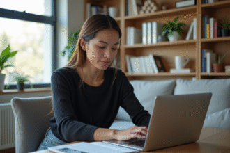 Femme concentrée lisant RSS feeds sur son ordinateur à la maison