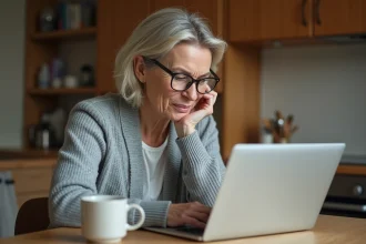Femme d'une cinquantaine d'années lisant ses emails AOL en français sur un ordinateur portable dans une cuisine chaleureuse