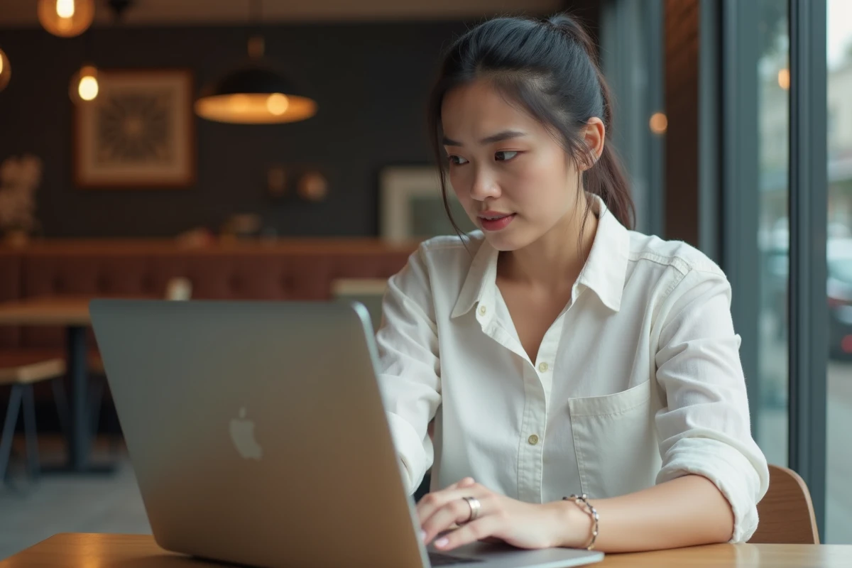 Femme perplexe devant son MacBook Air dans un café, après un dysfonctionnement de la touche Maj suite à une mise à jour macOS