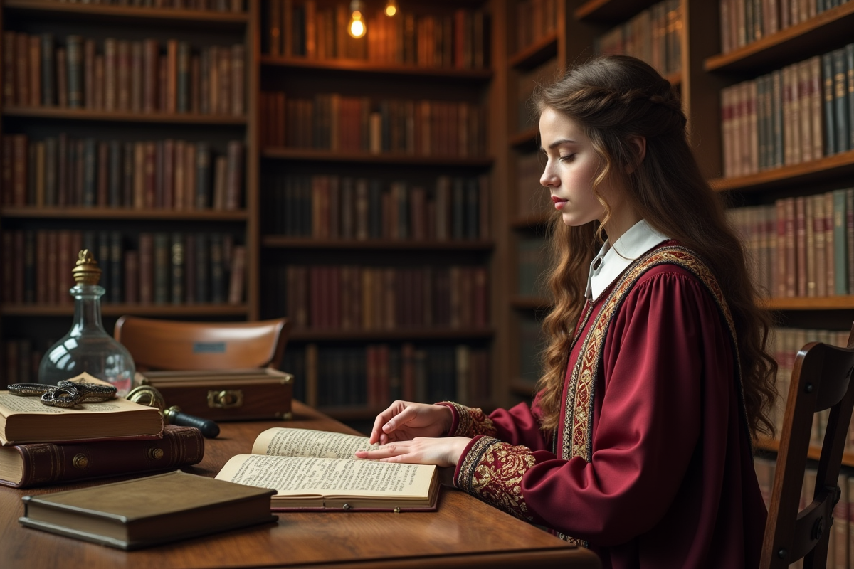 Jeune femme en uniforme de Poudlard lit un livre magique dans une bibliothèque