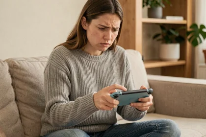 Jeune femme frustrée tenant une Nintendo Switch qui ne s'allume plus, assise sur un canapé beige dans un salon chaleureux
