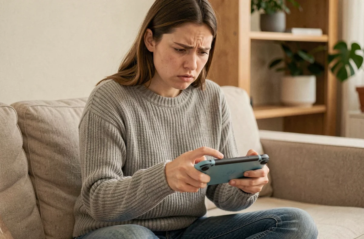 Jeune femme frustrée tenant une Nintendo Switch qui ne s'allume plus, assise sur un canapé beige dans un salon chaleureux