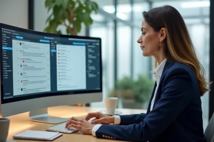 Femme professionnelle organisant ses messages sur Mélanie 2 avec une interface de messagerie web sur double écran dans un bureau moderne