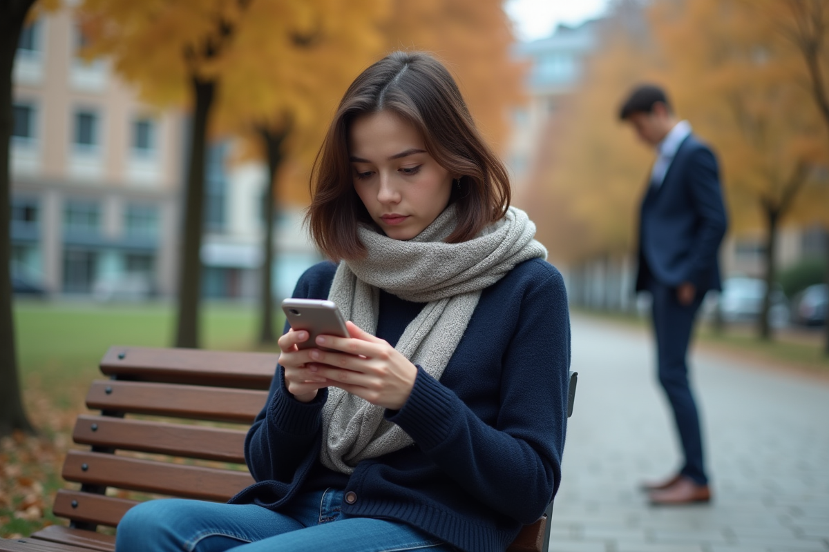 Jeune femme assise sur un banc de parc utilisant son smartphone