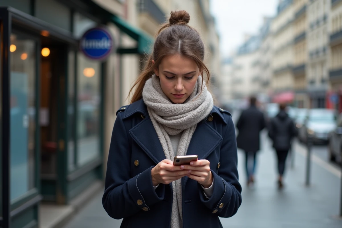 Jeune femme dans Paris regarde son smartphone