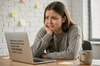 Jeune femme perplexe devant un écran affichant une traduction automatique absurde sur son ordinateur portable