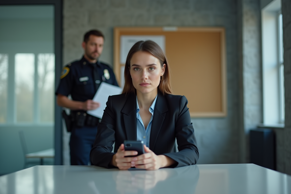 Femme en bureau police avec smartphone et officier