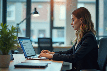 Femme professionnelle travaillant avec un chatbot sur son ordinateur dans un bureau lumineux