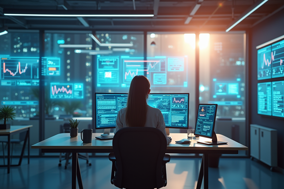 Jeune femme professionnelle travaillant sur un ordinateur dans un bureau hightech