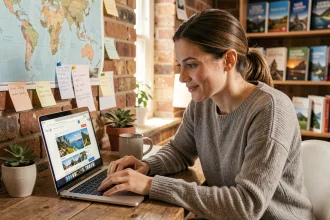 Femme planifiant un voyage en utilisant Google sur un ordinateur portable dans un bureau à domicile décoratif avec carte du monde et guides de voyage