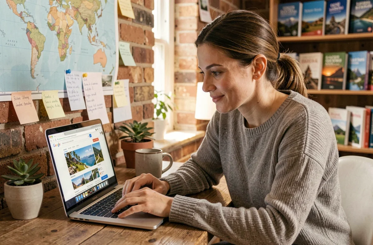 Femme planifiant un voyage en utilisant Google sur un ordinateur portable dans un bureau à domicile décoratif avec carte du monde et guides de voyage