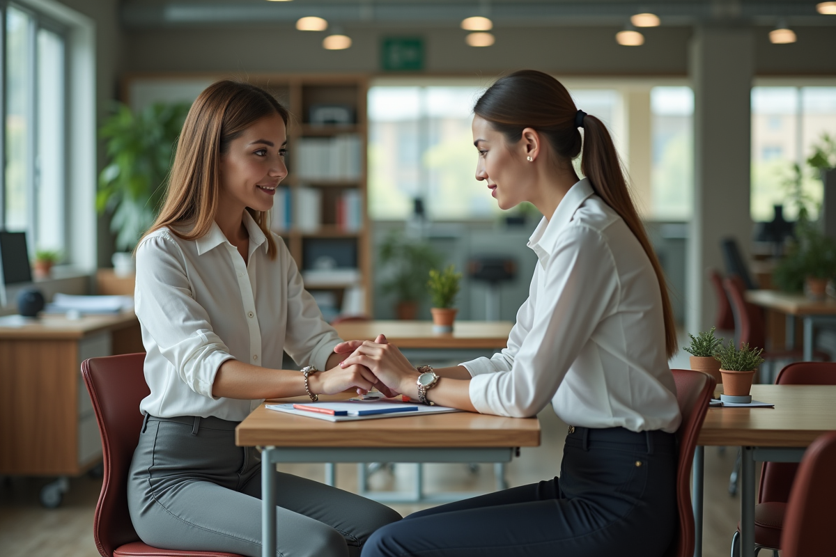 Femme de bureau avec robot humanoide dans un espace moderne