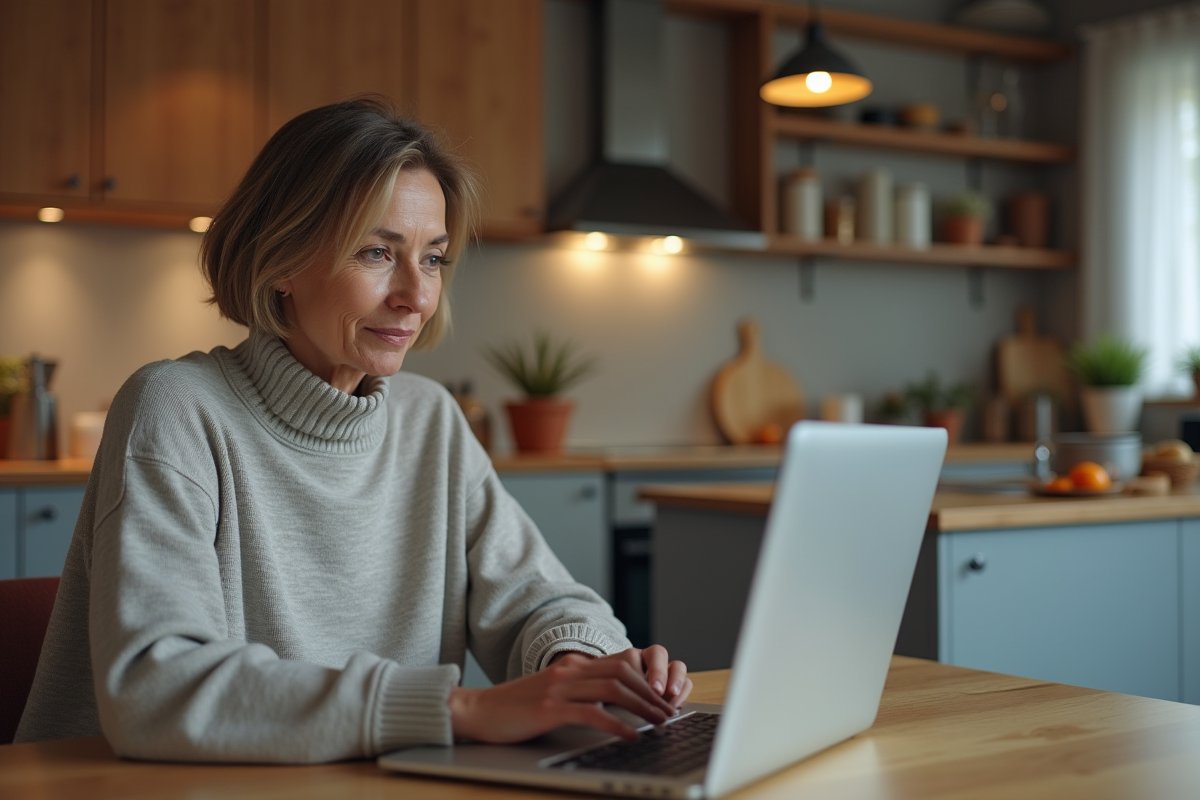 Femme assise à la cuisine utilisant son ordinateur