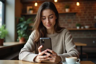 Femme tenant un Samsung Galaxy A51 dans un café, illustrant l'utilisation quotidienne du smartphone en 2026