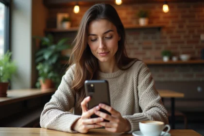 Femme tenant un Samsung Galaxy A51 dans un café, illustrant l'utilisation quotidienne du smartphone en 2026