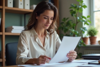 Femme examinant un document scanne dans un bureau lumineux