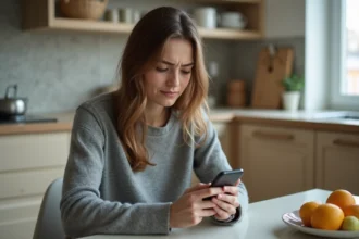 Jeune femme dans la cuisine examine un chat WhatsApp