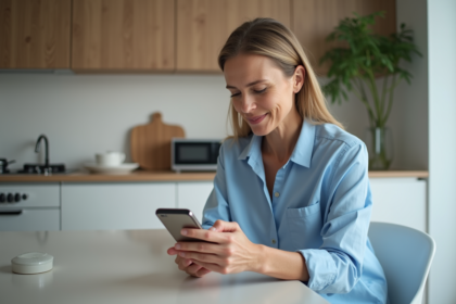 Femme d'âge moyen utilisant son smartphone dans la cuisine