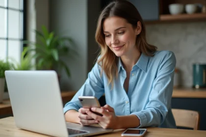 Femme utilisant son smartphone pour sauvegarde dans le cloud