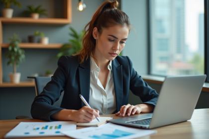 Femme concentrée analysant des graphiques SEO au bureau