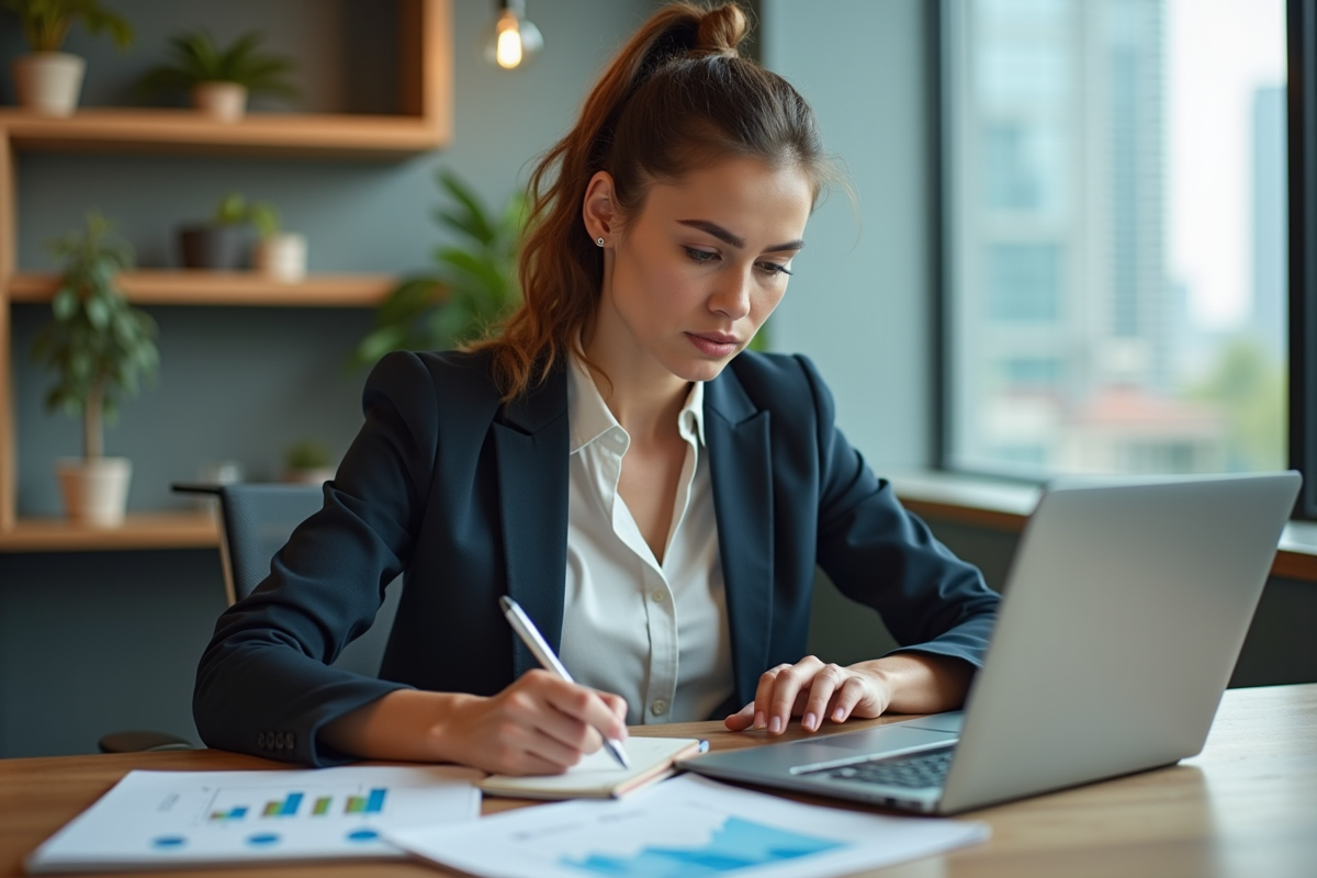 Femme concentrée analysant des graphiques SEO au bureau