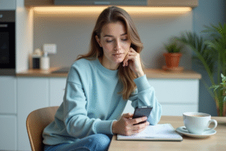 Femme en sweater bleu vérifiant un numéro sur son téléphone